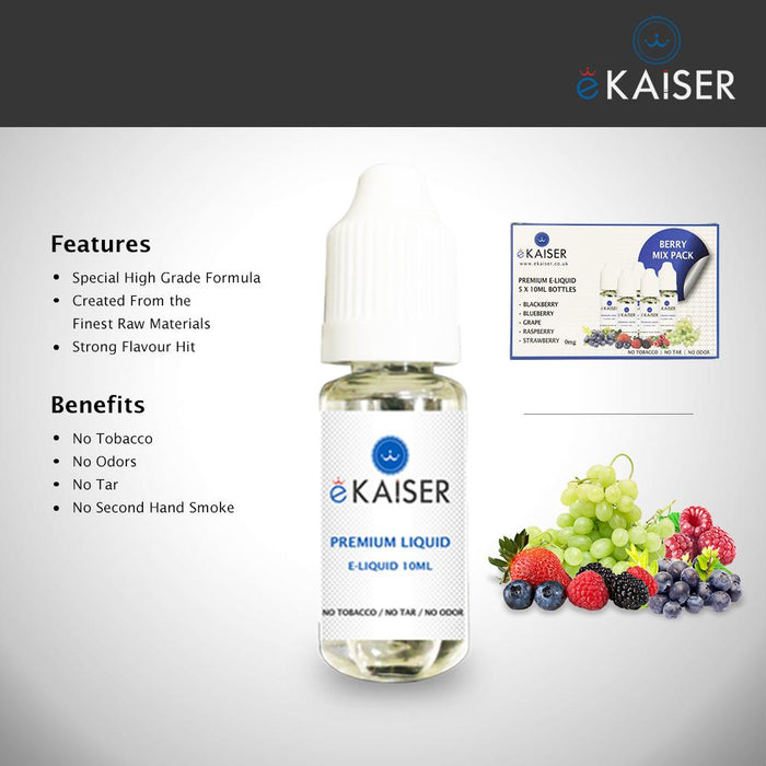 Ekaiser 5 X 10ml E Liquid Berry Mix | Blueberry | Blackberry | Raspberry | Grape | Strawberry - eKaiser - CIGEE E-liquids