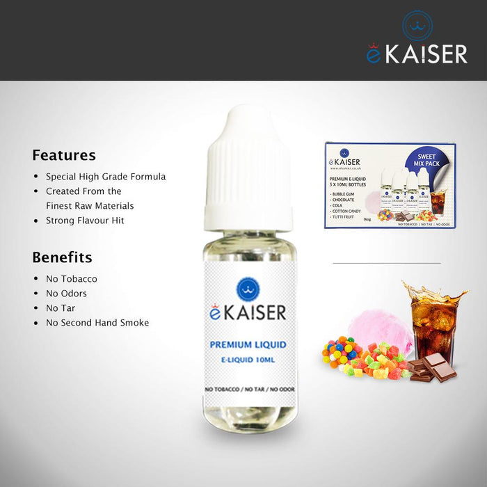 Ekaiser 5 X 10ml E Liquid Sweet Pack | Bubble Gum | Tutti-Fruiti | Cotton Candy | Chocolate | Cola - eKaiser - CIGEE E-liquids