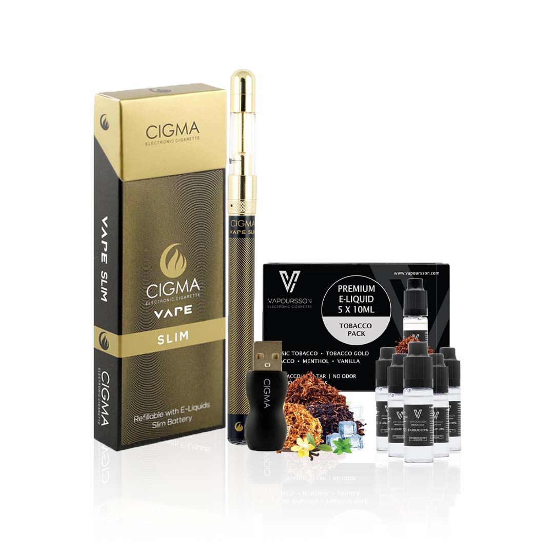 Cigma - Vape slim black + 5 x 10ml tobacco flavour liquid  CIGEE.COM