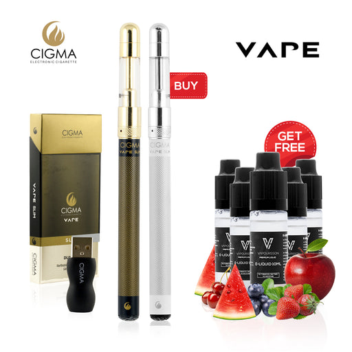 Cigma Vape Dual Slim - Worlds Slimmest Refillable Rechargeable e-Cigarette - Dual Pack Vaping Starter Kit e-Shisha - Free 5 Pack e-liquids Included