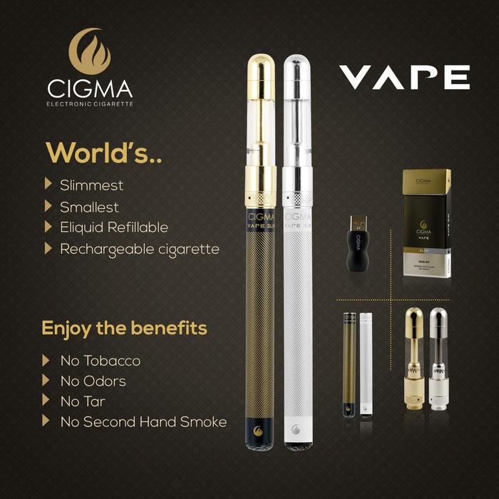 Cigma Vape Dual Extra - Worlds Slimmest Refillable Rechargeable e-Cigarette - Dual Pack Vaping Starter Kit e-Shisha - Free 5 Pack e-liquids Included