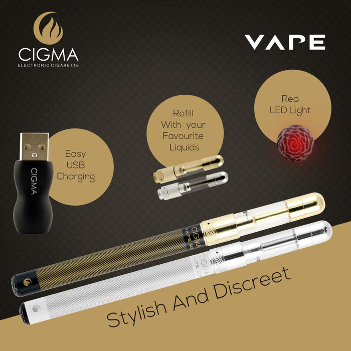 Cigma Vape Dual Extra - Worlds Slimmest Refillable Rechargeable e-Cigarette - Dual Pack Vaping Starter Kit e-Shisha - Free 5 Pack e-liquids Included