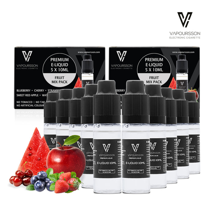 VAPOURSSON 10 X 10ml E-Liquid Mixed Fruits | 100ml | Apple | Blueberry | Cherry | Strawberry | Watermelon | New Super Grade Formula made for Electronic Cigarette and E Shisha